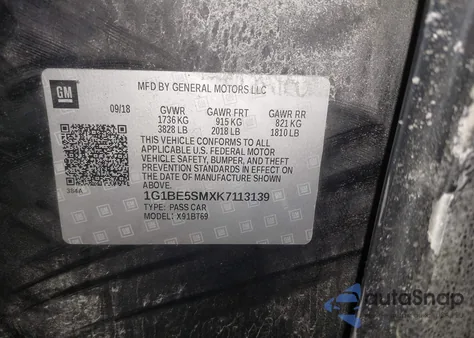 2019 Chevrolet Cruze Lt z USA, uszkodzony, nr VIN 1G1BE5SMXK7113139